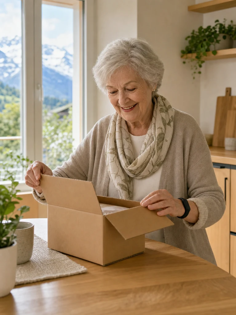 Seniorin öffnet ihr direkt nach Hause geliefertes smartangel® Paket