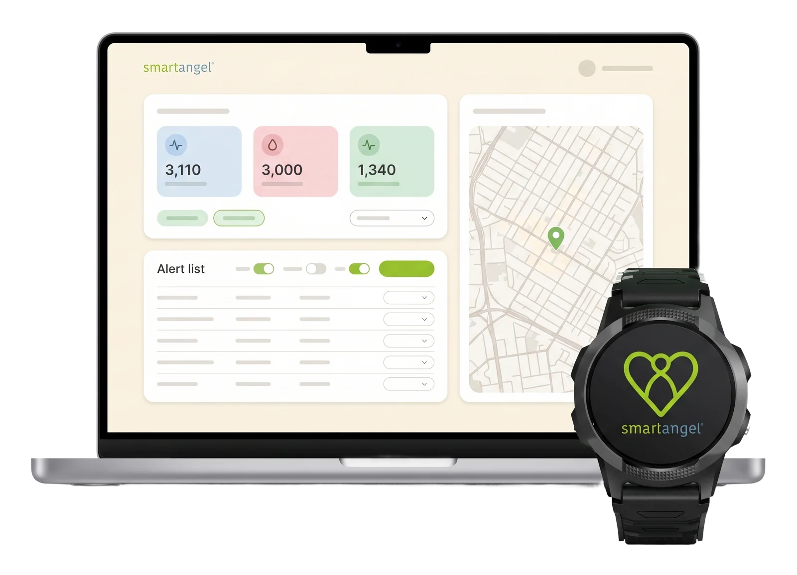 WeCare-Portal am Laptop mit smartangel Uhr